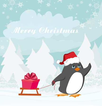penguin with sleds - funny Christmas cardのイラスト素材