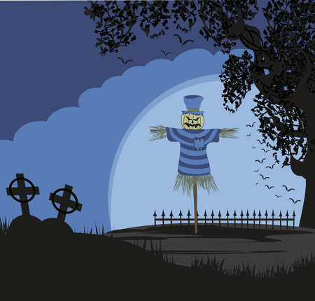 Pumpkin scarecrow at nightのイラスト素材