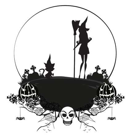 Halloween witch and her cat - black and white frameのイラスト素材