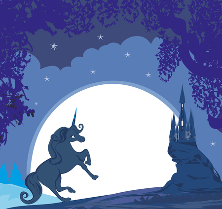 Fairytale landscape with magic castle and unicornのイラスト素材