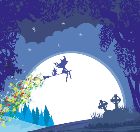 Witch flying on a broom in moonlightのイラスト素材