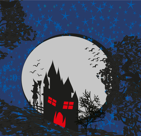 Halloween invitation with haunted house and witchのイラスト素材