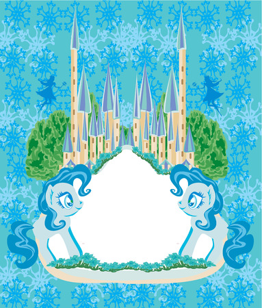 Cute unicorns and fairy-tale princess castle frameのイラスト素材