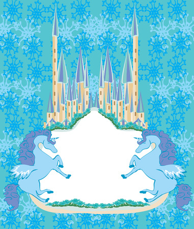 Beautiful unicorn and fairy-tale princess castle frameのイラスト素材