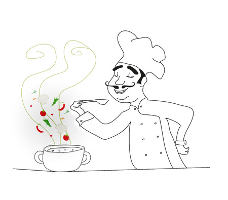 Chef cooking soup - doodle illustrationのイラスト素材