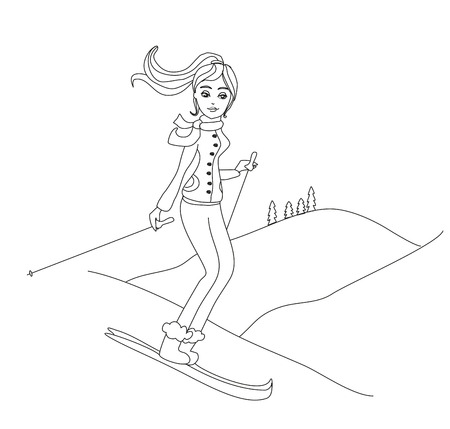 Girl skiing doodle illustrationのイラスト素材