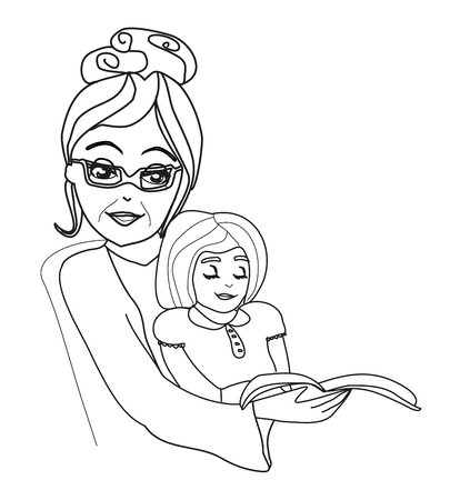Grandma reads a fairy tale to her granddaughterのイラスト素材