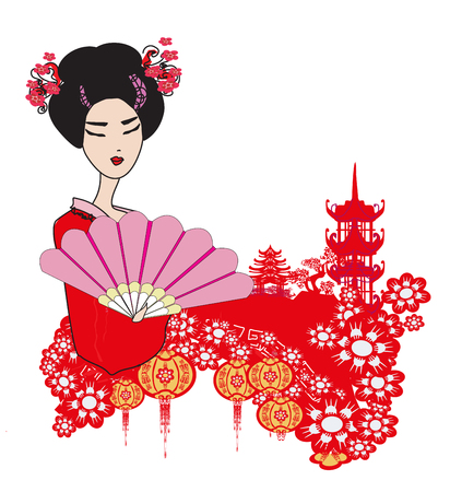 Abstract landscape with Asian girlのイラスト素材