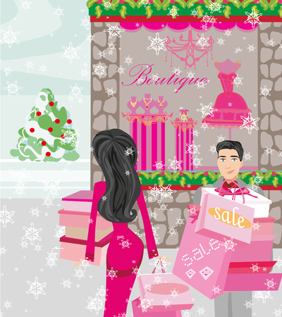 Couple on shopping - Winter SALESのイラスト素材