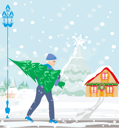 Man carrying Christmas treeのイラスト素材