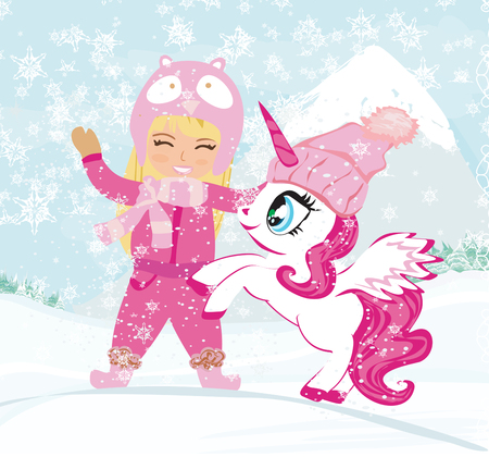 Little girl and sweet unicornのイラスト素材