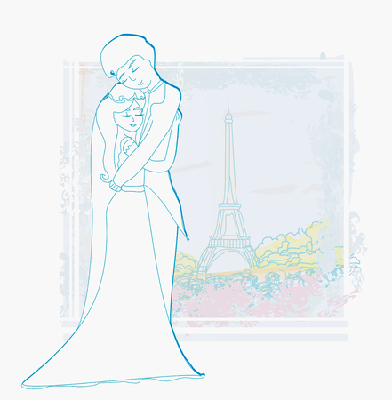 Romantic couple in Paris - abstract cardのイラスト素材