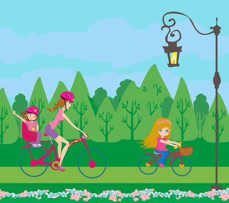 Mother and daughters on a bike tripのイラスト素材