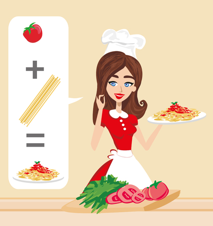 Smiling woman cooking spaghettiのイラスト素材
