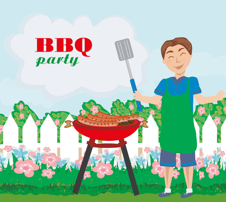 Man Cooking meat on Grill - invitation to the partyのイラスト素材
