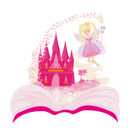 Magic world of tales, fairy castle appearing from the bookのイラスト素材