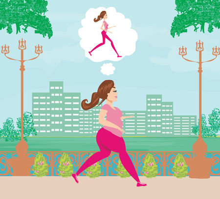 Young woman jogging,fat girl dreams to be a skinny girlのイラスト素材