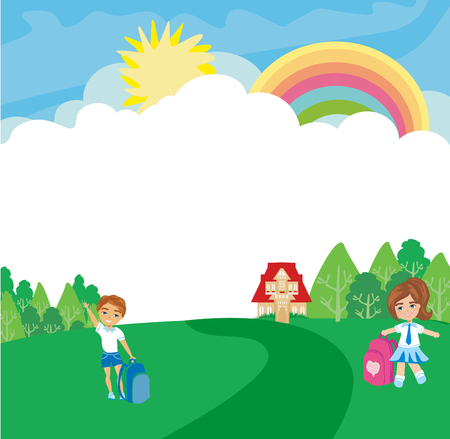 Happy kids go to school - frameのイラスト素材