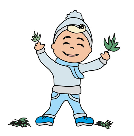 happy boy is playing in autumnのイラスト素材