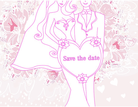 Wedding invitation with bride and groomのイラスト素材