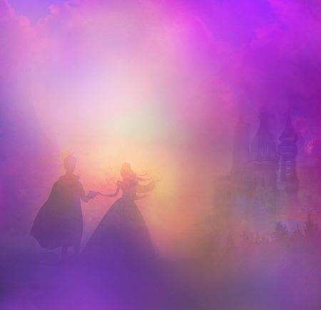 Magic castle and princess with princeの写真素材