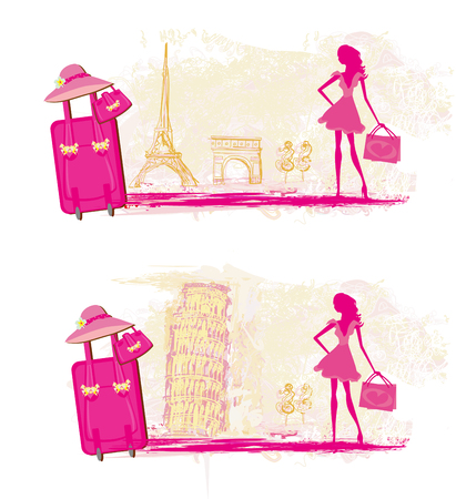 Beautiful women travels in France and Italy, bannerのイラスト素材