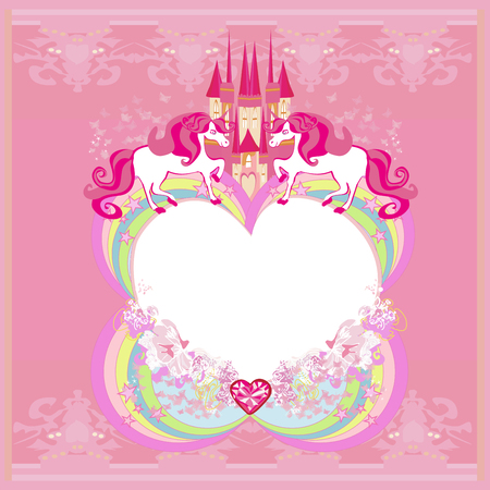 Cute unicorns and fairy-tale princess castle frameのイラスト素材
