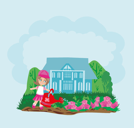 Sweet girl watering flowers in the garden - cardのイラスト素材