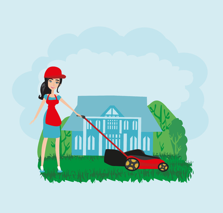 young woman mows the grass with a mowerのイラスト素材