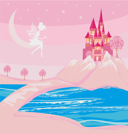 fairy and a medieval castle in a magical landのイラスト素材