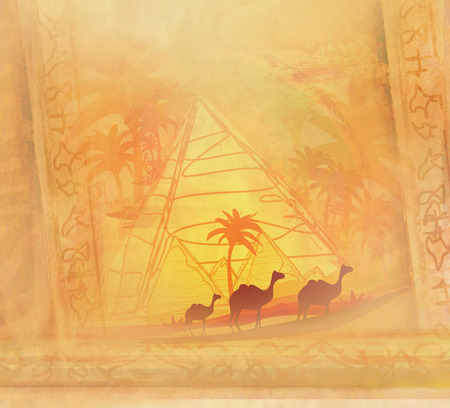 Vintage background with pyramids and camelsの写真素材