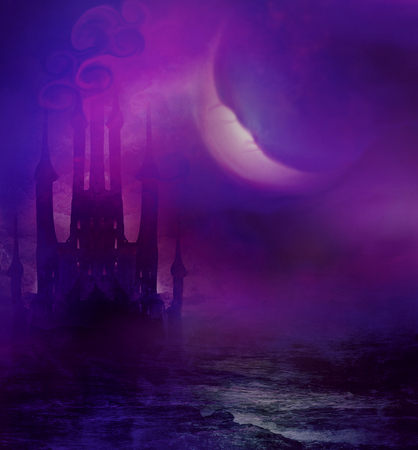 Abstract landscape with old castle and the sleeping moonの写真素材