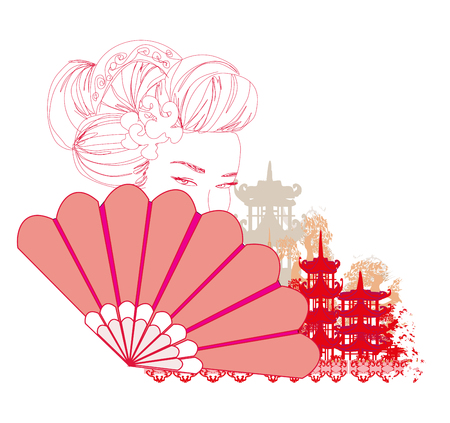 Asian girl holding traditional fan - abstract cardのイラスト素材