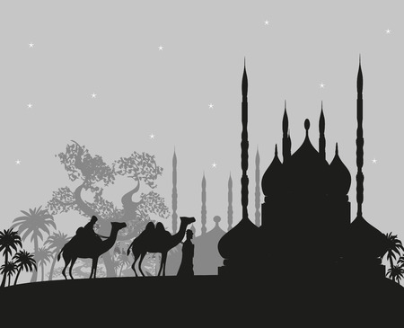 Bedouin camel caravan in wild africa landscape illustrationのイラスト素材