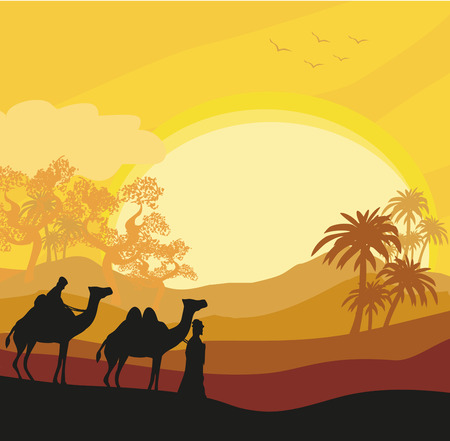 Bedouin camel caravan in wild africa landscapeのイラスト素材