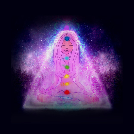 Human energy body, aura, chakras in meditationの写真素材
