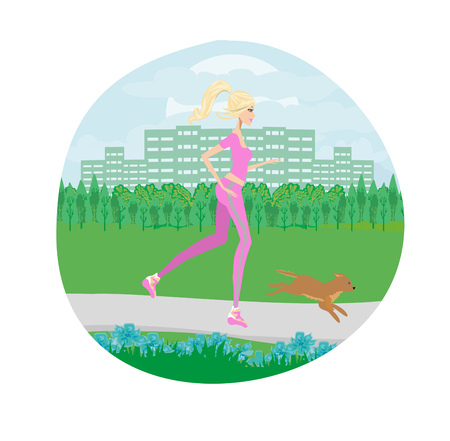 slim girl runs with a dog in the parkのイラスト素材