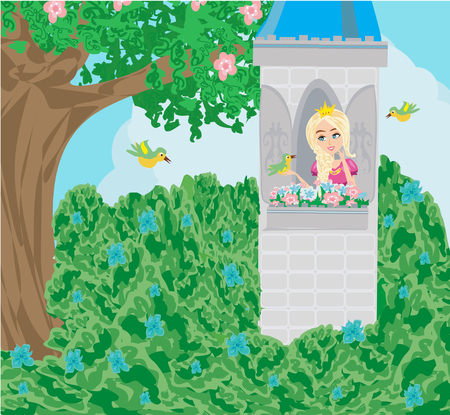 Cartoon fairy tale scene with castle tower and beautiful princessのイラスト素材