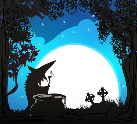 Halloween witch preparing potion during the full moonのイラスト素材