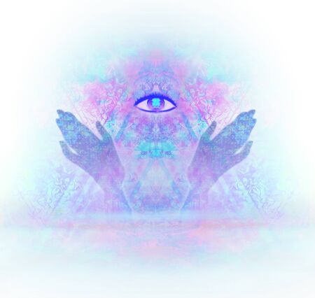 hands open around masonic symbol. New World Order.の写真素材