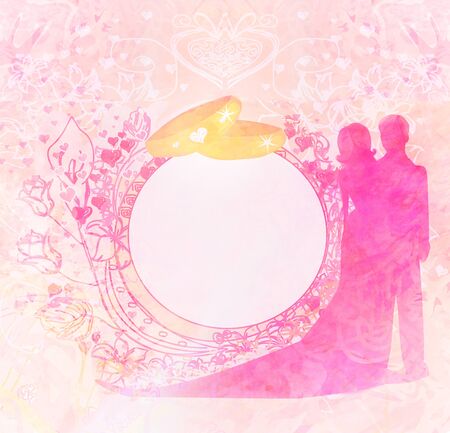 Wedding Invitation card with rings and dancing coupleの写真素材