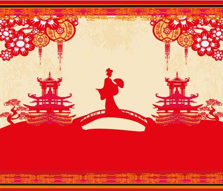 Abstract decorative frame with Asian girlのイラスト素材