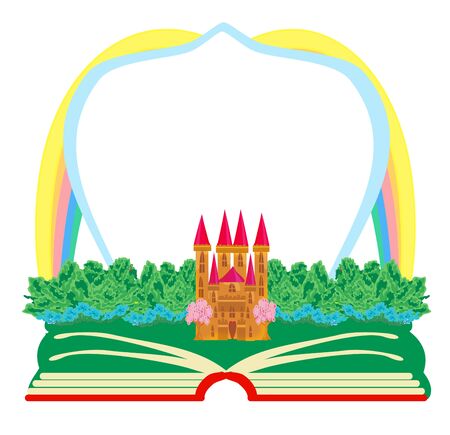 Magic world of tales, fairy castle appearing from the bookのイラスト素材