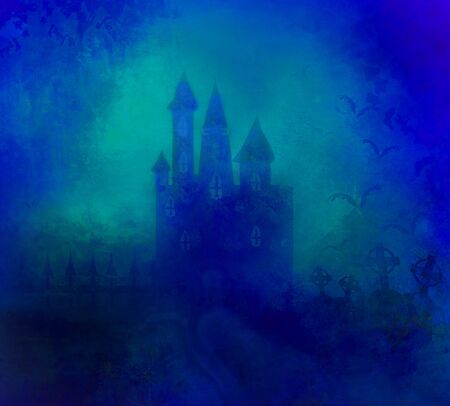 scary graveyard and farmhouse in the woods on the full moonの写真素材