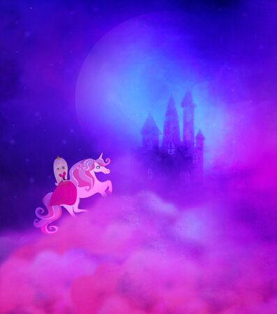 Girl on unicorn flying to the magic castleの写真素材