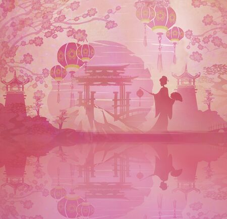 Abstract landscape with Geisha, Mid-Autumn Festival for Chinese New Yearの写真素材