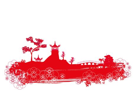 Abstract Chinese landscape, red decorative illustrationのイラスト素材