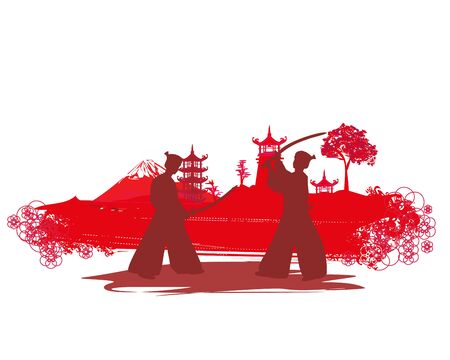 Japanese Samurai fighters silhouette on Asian landscapeのイラスト素材