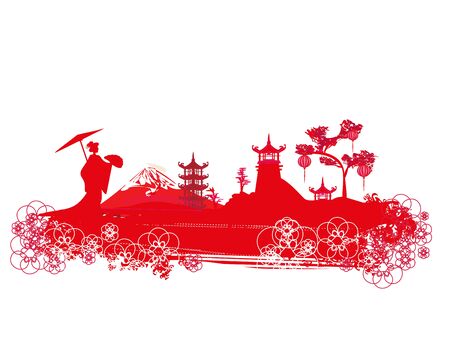 Abstract decorative banner with Asian girlのイラスト素材