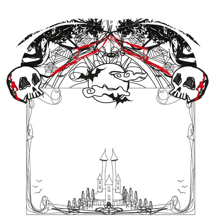Halloween Frame with castle, skulls and a full moonのイラスト素材